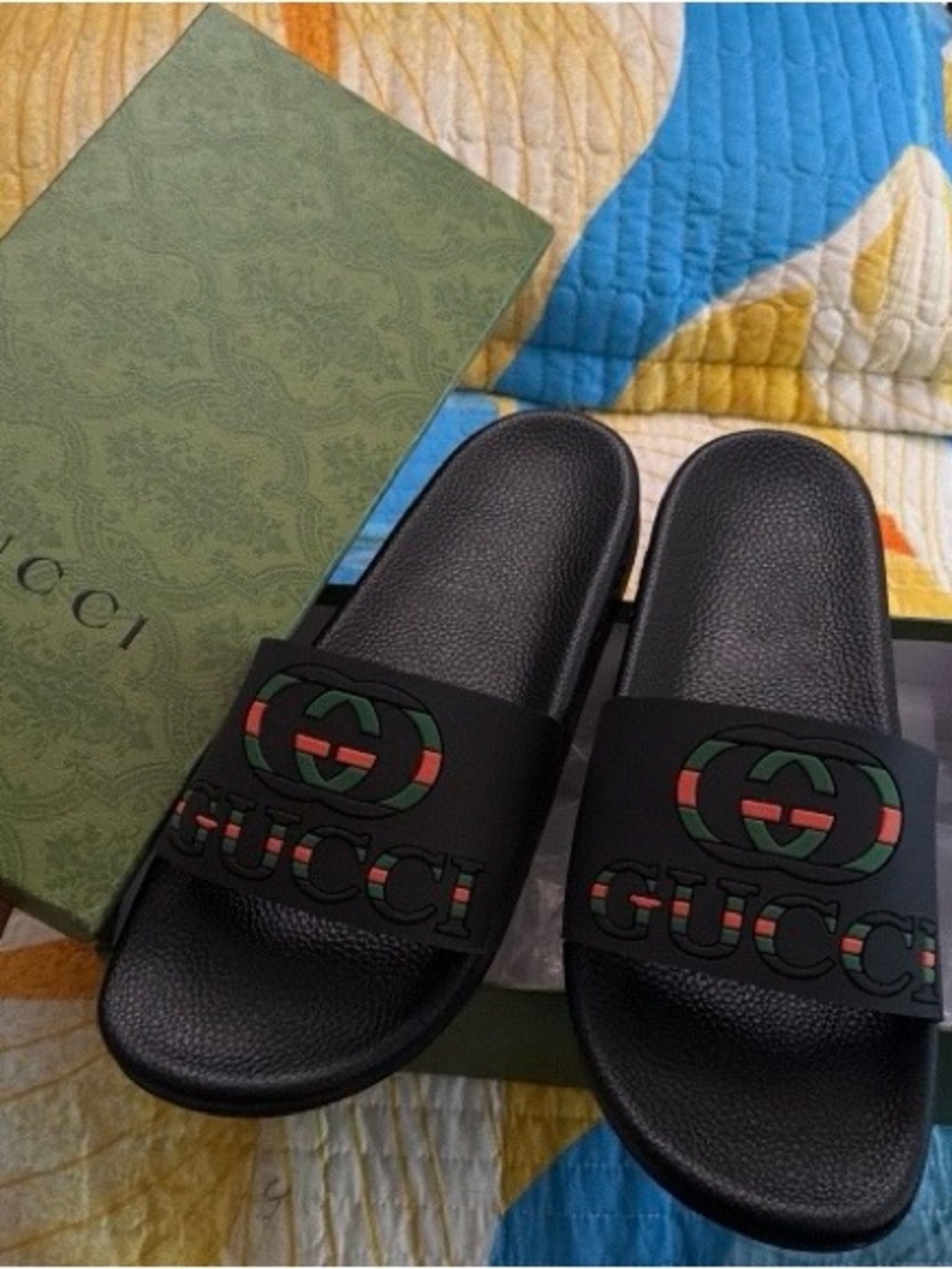 Gucci Black Slides with Green & Red Logo Strap